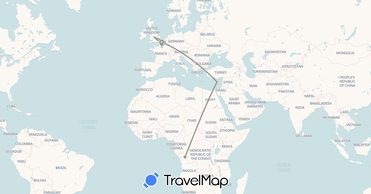 TravelMap itinerary: driving, plane in Belgium, Democratic Republic of the Congo, Cyprus, France, United Kingdom (Africa, Asia, Europe)